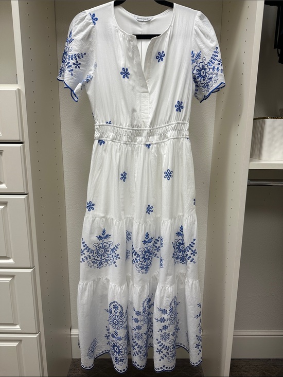 Pretty Garden Dresses & Skirts - White Maxi Dress with Blue Embroidered Floral Detail